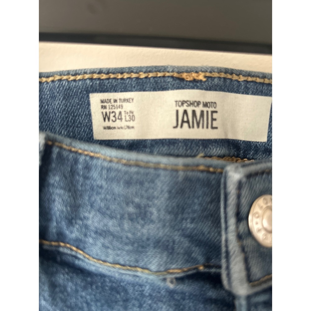 Topshop Moto Jamie Skinny Jeans Blue Ripped Knee High Waisted W34 L30 Distressed - Picture 2 of 3